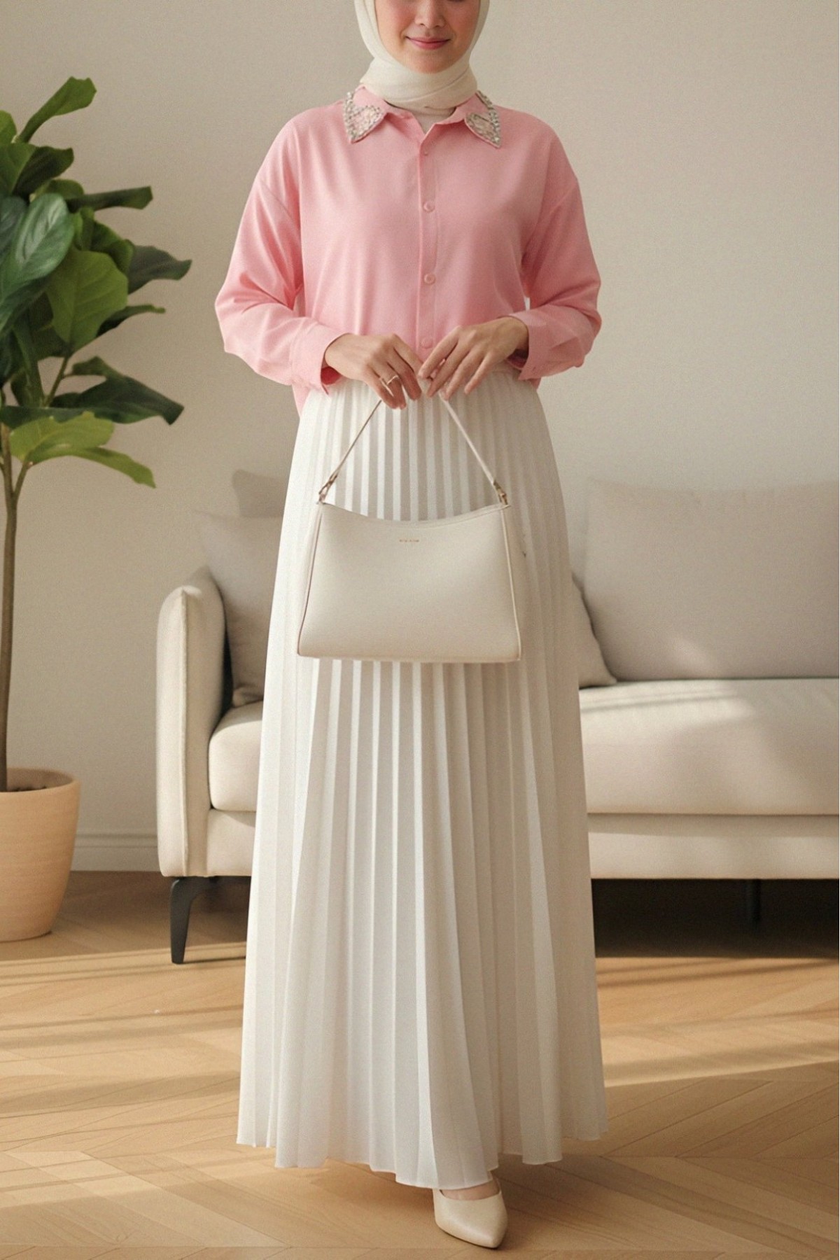 Casual Shirt with Stone Detailed Buttons on the Collar -Pink