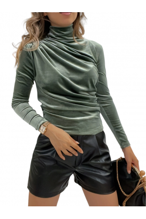 Yarım Boğazlı Önü Pileli Kadife Bluz -Mint