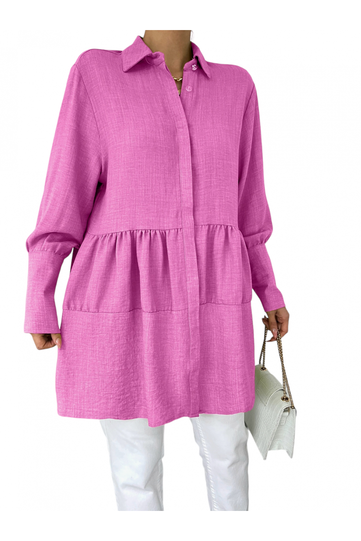 Sleeve Cuff Stony Buttoned Sequined Linen Tunic -Fuchsia