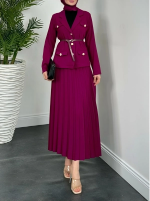 Eteği Piliseli Kemerli Düğmeli Ceketli Takım -Mor
