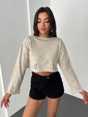 Kayık Yaka Triko Crop -Taş