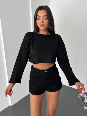 Kayık Yaka Triko Crop -Siyah