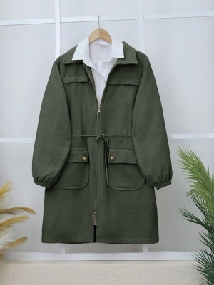 Kolu Lastikli Top Düğme Cepli Fermuarlı Kaşe Kap -Haki