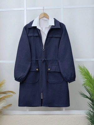 Kolu Lastikli Top Düğme Cepli Fermuarlı Kaşe Kap -Laci