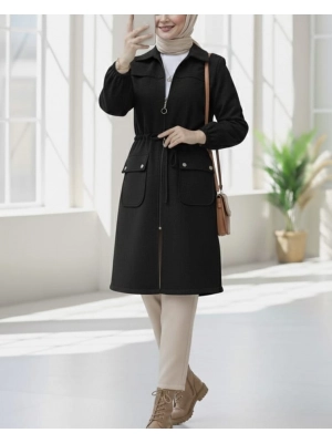 Kolu Lastikli Top Düğme Cepli Fermuarlı Kaşe Kap -Siyah