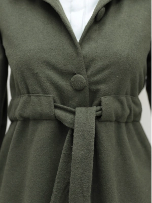 Belden Bağlamalı Top Düğmeli Kaşe Kaban -Haki