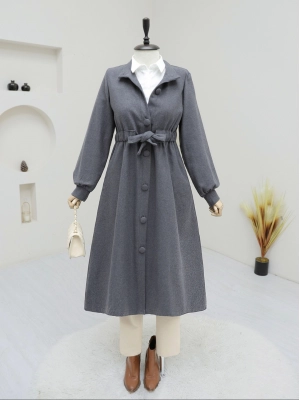 Belden Bağlamalı Top Düğmeli Kaşe Kaban -Füme