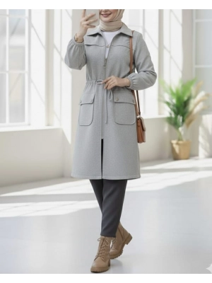 Kolu Lastikli Top Düğme Cepli Fermuarlı Kaşe Kap -Füme