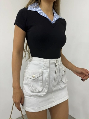 Collared Ottoman Collar Blouse  -Black