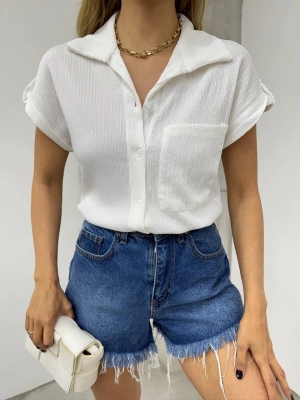 Double Sleeve Single Pocket Wrinkled Shirt  -White