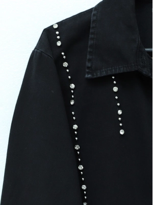 Paçası Yırtmaçlı Taş Detaylı İkili Kot Takım  -Siyah