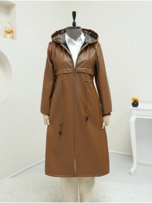 Tünel Bağcıklı Kapşonlu Fermuarlı Deri Kap -Taba