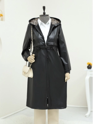 Tünel Bağcıklı Kapşonlu Fermuarlı Deri Kap -Siyah