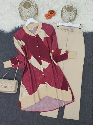 Floral Pattern Ribbed Buttoned Oversize Tunic  -Maroon