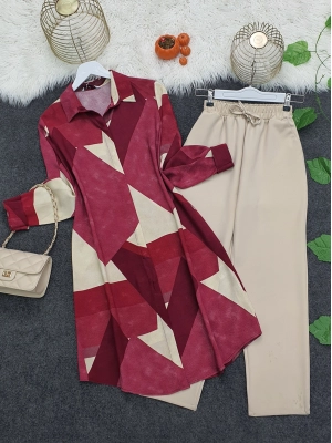 Buttoned Patterned Viscose Tunic    -Cherry Color