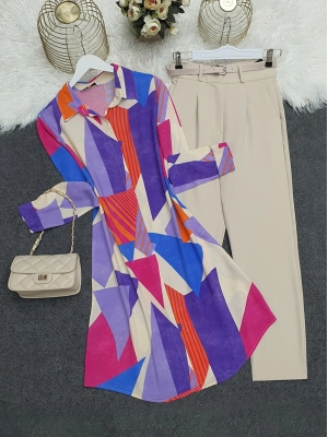 Mixed Patterned Long Viscose Tunic  - Purple