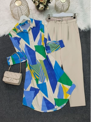 Mixed Patterned Long Viscose Tunic  -Yellow