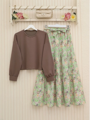 Floral Patterned Belted Two Piece Suit -Brown