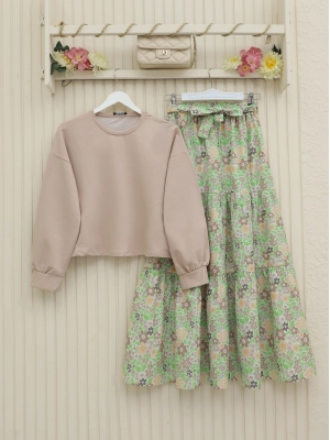 Floral Patterned Belted Two Piece Suit - Beige