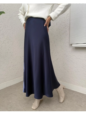 Elastic Waist Satin Skirt -Navy blue