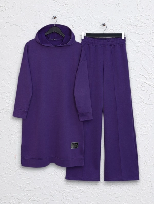Kapşonlu Yırtmaçlı Çimalı Takım -Mor