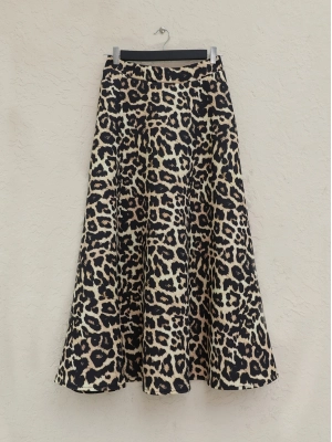 Leopard Pattern Elastic Waist Scuba Skirt - Beige