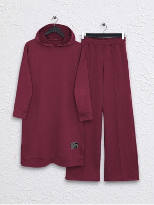 Kapşonlu Yırtmaçlı Çimalı Takım    -Bordo
