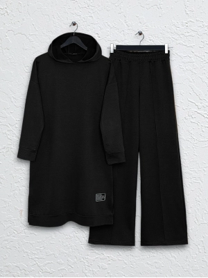 Kapşonlu Yırtmaçlı Çimalı Takım -Siyah