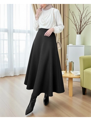 Loose Flared Scuba Puff Skirt -Black