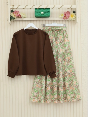 Çiçek Desenli Kemerli İkili Takım  -Kahve