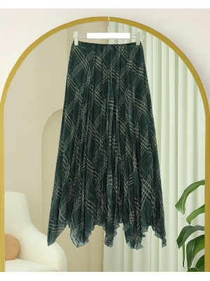 Asymmetrical Cut Lined Chiffon Skirt -Khaki