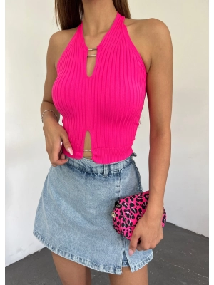 Metal Detaylı Sıfır Kol Fitilli Triko Crop Atlet -Fuşya