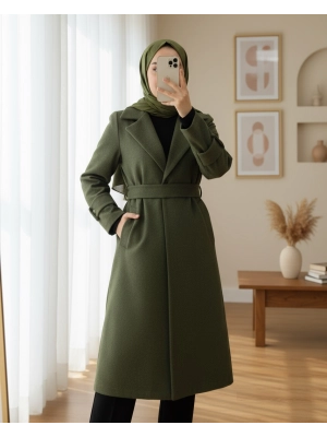 Arkası Bolero Detaylı Kemerli Kaşe Kaban -Haki