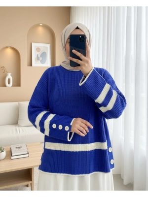 Yanları Düğmeli Örgü Desen Triko Kazak -Saks