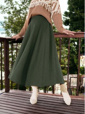 Zippered Cashmere Bell Skirt    -Khaki