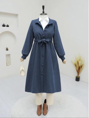 Belden Bağlamalı Top Düğmeli Kaşe Kaban    -Laci