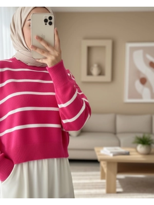 İnce Çizgili Crop Triko Kazak -Nar Çiçeği