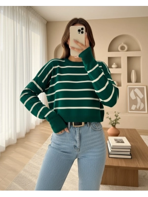 İnce Çizgili Crop Triko Kazak -Zümrüt