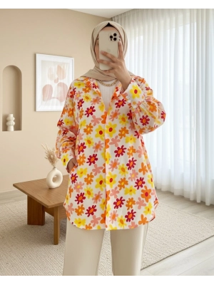 Floral Pattern Back Long Shirt -Orange