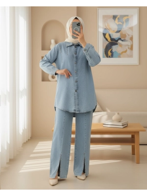 Paçası Yırtmaçlı Taş Detaylı İkili Kot Takım -Buz Mavi
