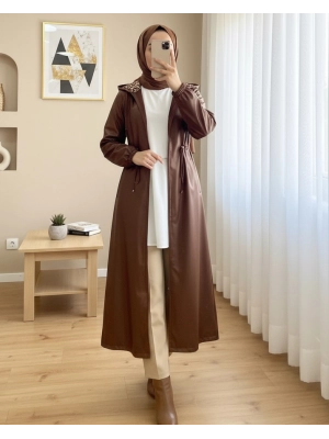 Tünel Bağcıklı Kapşonlu Uzun Deri Kap   -Taba