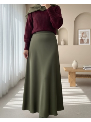 Elastic Waist Satin Skirt -Khaki