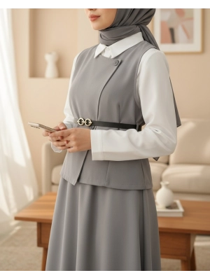 Çapraz Düğmeli Yelek Etek İkili Takım  -Gri