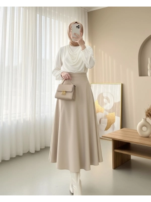 Loose Flared Scuba Puff Skirt     - Beige