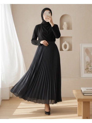 Flounce Elastic Waist Chiffon Pleated Skirt -Navy blue