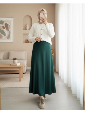 Elastic Waist Satin Skirt -Emerald