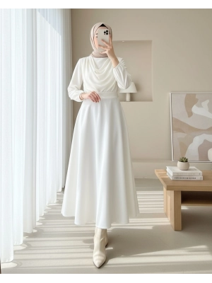 Loose Flared Scuba Puff Skirt   -White