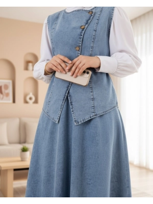 Çapraz Düğmeli Kemerli Yelek Etek Kot Takım -Buz Mavi