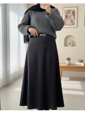 Elastic Waist Satin Skirt -Black