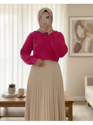 Kabartma Desenli Ajurlu Triko Kazak -Fuşya